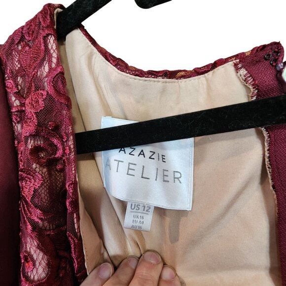 Azazie Atelier Shelly Wine Ruffle Sleeves Midi Dress Size 12 NWT - Picture 6 of 6